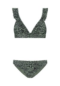 Zelený vzorovaný bikiny set obsahující volánkový trojúhelníkový vršek a odpovídající spodní část. Design zahrnuje černé a tmavě zelené zvířecí motivy.