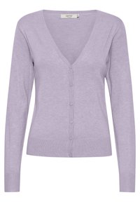 Cardigan lilas avec un décolleté en V, des manches longues et une fermeture par boutons. Matière en tricot doux avec un ourlet et des poignets côtelés.