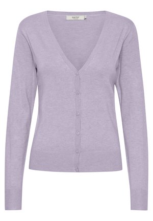 Lila Strickjacke mit V-Ausschnitt, langen Ärmeln und durchgehender Knopfleiste. Weiches Strickmaterial mit geripptem Saum und Bündchen.