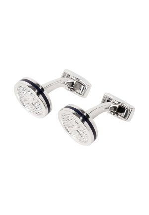Pair of polished silver cufflinks with rounded rectangular faces, featuring textured grid patterns and a thin dark horizontal stripe near edges.