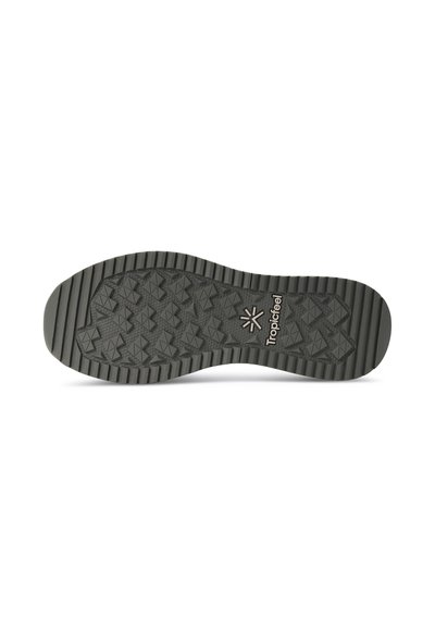 Semelle de chaussure en caoutchouc noir avec une adhérence texturée, présentant un motif en pyramide. Le logo "Tropicfeel" est visible près du talon.