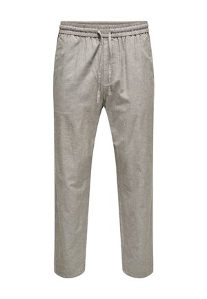 Heledat hallid paelaga püksid elastse vööümbrise ja sirgete sääreosadega, valmistatud pehmest ja mugavast kangast.