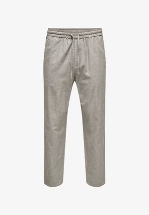 Heledat hallid paelaga püksid elastse vööümbrise ja sirgete sääreosadega, valmistatud pehmest ja mugavast kangast.