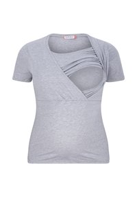 Grijze korte mouwen t-shirt met een wikkelontwerp en gerimpelde details, zacht stoffen en een discreet opening voor borstvoedingsaccessoire.