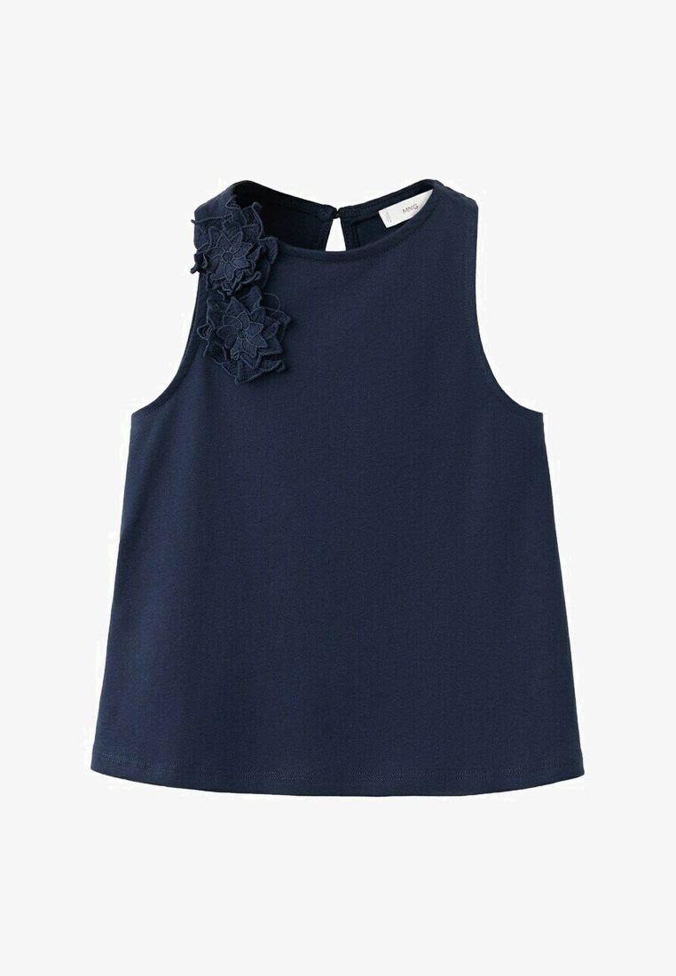 Haut sans manches bleu marine à col montant, avec deux applications florales texturées sur l'épaule gauche et une fermeture à boutons dans le dos.