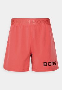Korallfärgade shorts med en svart "BORG"-logotyp på nedre högra sidan. Har ett enkelt elastiskt midjeband med "BJÖRN BORG" i präglad text. Mjukt tyg.