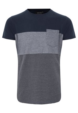 Navy blue and gray striped short-sleeve t-shirt with a round neck and front chest pocket. Soft cotton material, relaxed fit.