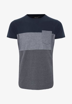 Marineblau und grau gestreiftes T-Shirt mit kurzen Ärmeln, Rundhalsausschnitt und Brusttasche. Weiches Baumwollmaterial, lockere Passform.