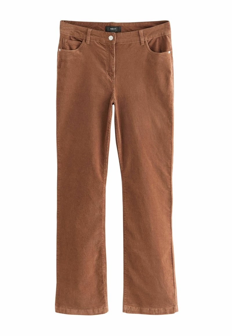Pantalons en velours côtelé brun avec une coupe droite, cinq poches et une fermeture à bouton. Le tissu a une apparence douce et texturée.