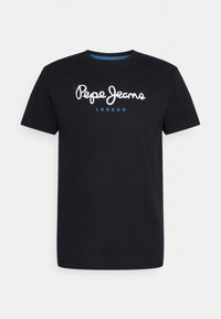 Sort bomulds T-shirt med et hvidt skriftskriftlogo "Pepe Jeans" med en blå accent, rund hals og korte ærmer. Enkel, ensfarvet design.