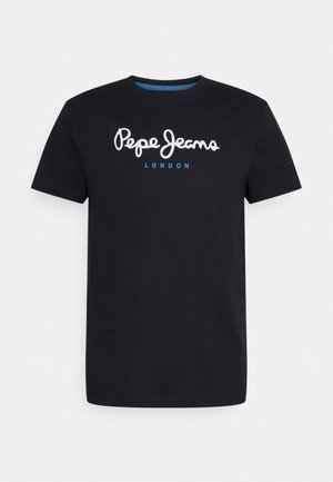 Crna pamučna majica s bijelim logotipom u skriptnom fontu "Pepe Jeans" s plavim naglaskom, okrugli ovratnik i kratki rukavi. Jednostavan, jedinstveni dizajn.