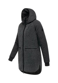 Svart och grå blandad tygjacka med huva, med en fleece-liknande textur på kroppen och släta ärmar, framzip och två sidofickor.