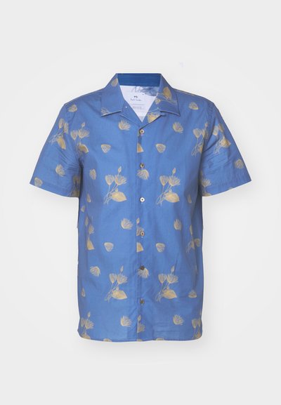Kortermet skjorte i blått stoff med gult blomstermønster, med krage og knappelukking foran. Jevn tekstur.