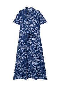 Blaues Kurzarmkleid mit floralem Muster in Weiß, mit einer durchgehenden Knopfleiste, einem Bindegürtel und einem fließenden, knie-langen Rock.