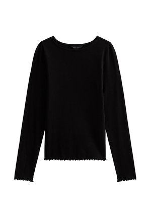 Zwarte lange mouwen top van rekbaar materiaal met een ronde hals en een scalloped zoom. Beschikt over aansluitende mouwen en een cropped silhouet.
