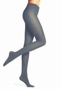 Collant grigi opachi con una superficie liscia, caratterizzati da una vita alta, progettati per adattarsi comodamente alle gambe con una silhouette elegante.