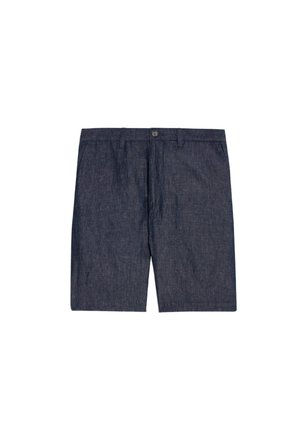 Shorts in denim scuro con chiusura a bottone, taglio dritto e texture sottile. Presentano passanti per la cintura e due tasche laterali.