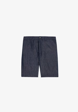 Ciemnoniebieskie szorty dżinsowe z zapięciem na guzik, prostym krojem i subtelną teksturą. Posiadają szlufki na pasek oraz dwie boczne kieszenie.