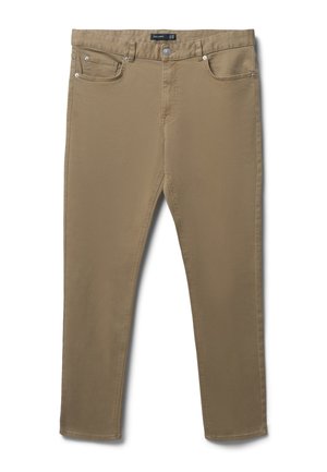 Pantaloni slim-fit color khaki realizzati in tessuto misto cotone, dotati di tasche anteriori e posteriori, chiusura con zip e bottone in metallo.