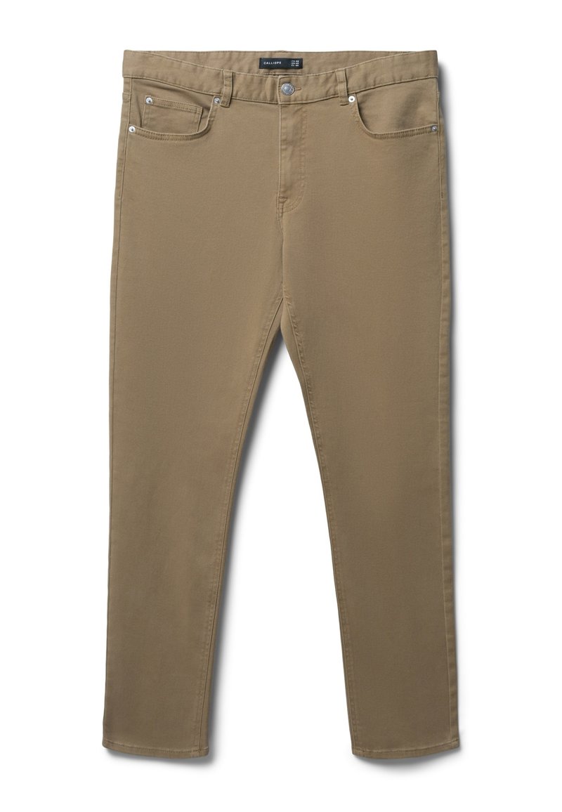 Pantalons chinos slim en toile de coton mélangé, avec poches avant et arrière, fermeture à glissière et bouton en métal.