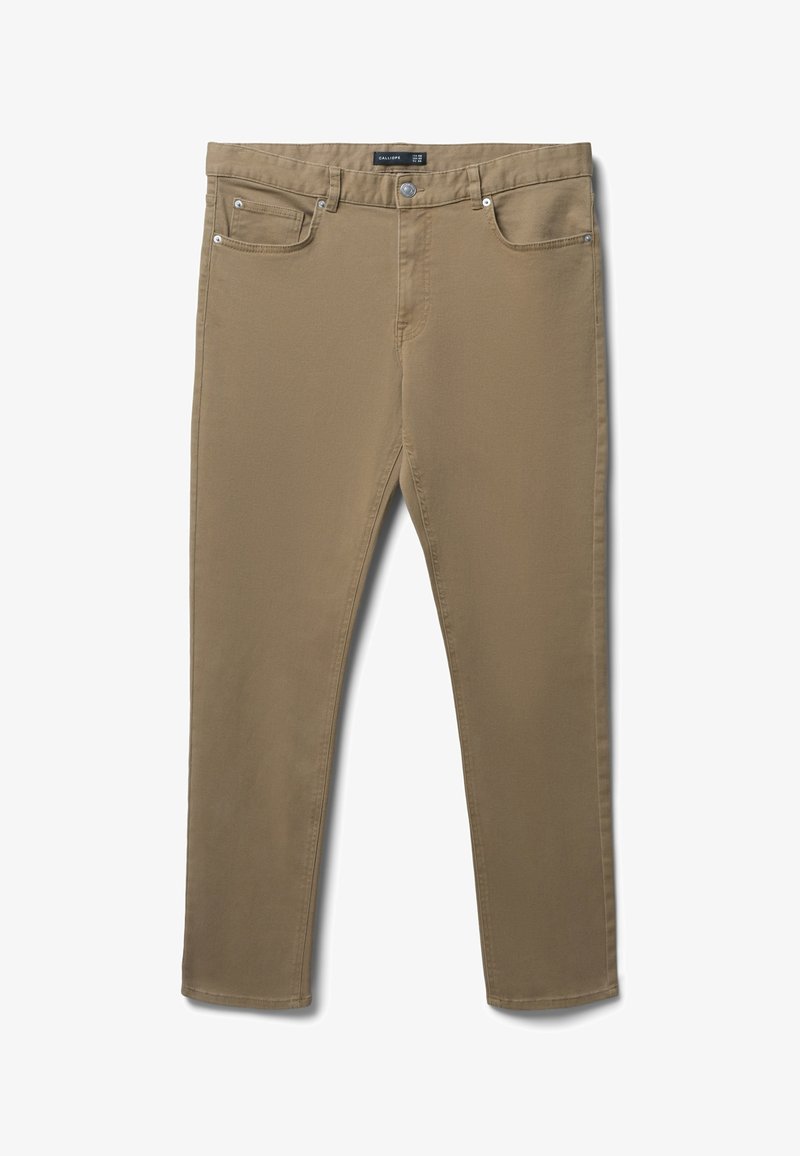 Khaki Slim-Fit-Hosen aus Baumwollmischgewebe, mit Vorder- und Gesäßtaschen, einem Reißverschluss und einem Metallknopfverschluss.