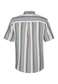 Chemise décontractée à manches courtes avec des rayures verticales beige, bleu clair et gris foncé, vue de dos avec un col plié.