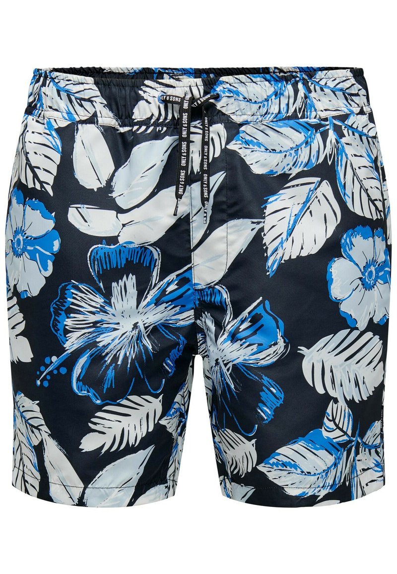 Bloemen badmode in navy, met witte en blauwe hibiscuspatronen, een elastische tailleband en een trekkoord voor een verstelbare pasvorm.