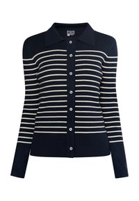 Marineblau gestreifter Cardigan aus Rippstoff. Verfügt über einen Kragen, eine Knopfleiste und cremefarbene Streifen über den Körper und die Ärmel.