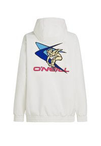 Witte hooded jacket met een elastische tailleband, geribbelde manchetten en een kleurrijk grafisch ontwerp op de achterkant met de tekst "O'Neill."