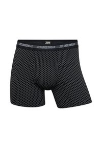 Black boxer briefs featuring a hexagonal pattern, elastic waistband with "JBS Underwear" branding, and a snug fit for comfort.