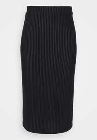 Jupe crayon noire avec fines rayures blanches verticales et taille cintrée, présentée sur un fond blanc uni.