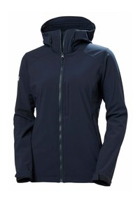 Marineblaue Softshell-Jacke mit durchgehendem Reißverschluss, Kapuze und Reißverschlusstasche. Verfügt über ein strukturiertes Design und elastische Bündchen.
