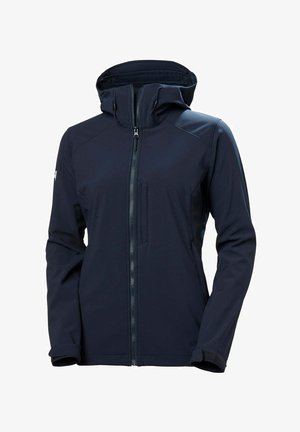 Chaqueta softshell de color azul marino con cierre frontal, capucha y bolsillo con cremallera. Presenta un diseño estructurado y puños elásticos.