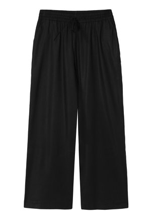 Mustad laiad mustriga püksid elastse vöö ja reguleeritava nööriga, lõdvestunud istuvus, sobivad vabaaja või koduseks kandmiseks.