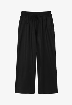 Mustad laiad mustriga püksid elastse vöö ja reguleeritava nööriga, lõdvestunud istuvus, sobivad vabaaja või koduseks kandmiseks.