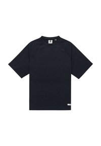 Sort T-shirt med korte ærmer lavet af blødt stof, med rund hals og raglan ærmer. Simpelt design uden mønstre eller accentuerede detaljer.