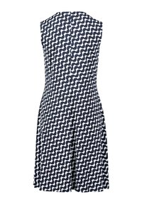 Ärmelloses Kleid in Marineblau und Weiß mit einem wellenförmigen Muster. Glattes Material mit tailliertem Oberteil und ausgestelltem Rock, Rückansicht dargestellt.