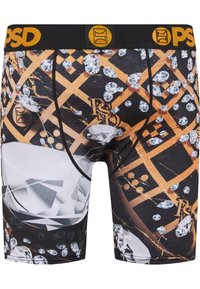 Schwarze Boxer-Shorts mit einem geometrischen Muster aus Gold und Diamanten. Mit einem schwarzen Bund, der das „PSD“-Logo in Gold zeigt. Glatte Textur, taillierte Passform.