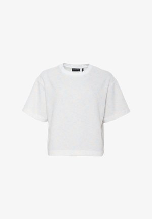 Kortermet hvit terrycloth-kuttet T-skjorte med rund hals og avslappet passform, vist på en ensfarget hvit bakgrunn.