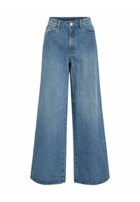 Jean en denim bleu clair à jambes larges avec une taille haute, un design à cinq poches et une fermeture à bouton. Texture douce avec un effet délavé minimal.