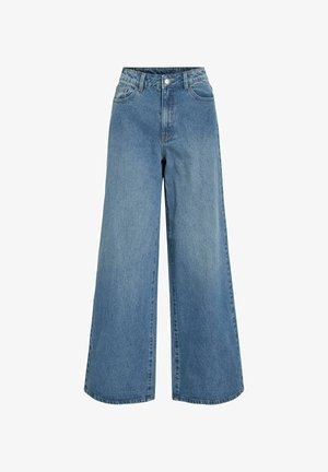 Svjetloplave traperice širokih nogavica s visokim strukom, dizajnom s pet džepova i kopčanjem na dugme. Meki materijal s minimalnim blijeđenjem.