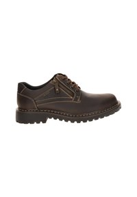 Chaussure en cuir marron foncé avec une semelle épaisse en caoutchouc, lacets à l'avant, fermeture éclair latérale et coutures contrastées, vue de profil.
