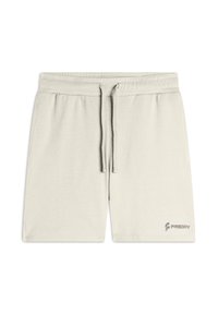 Pantalones cortos de algodón gris claro con cintura elástica, cordón y un pequeño logo en la parte inferior derecha. Textura suave y ajuste relajado.