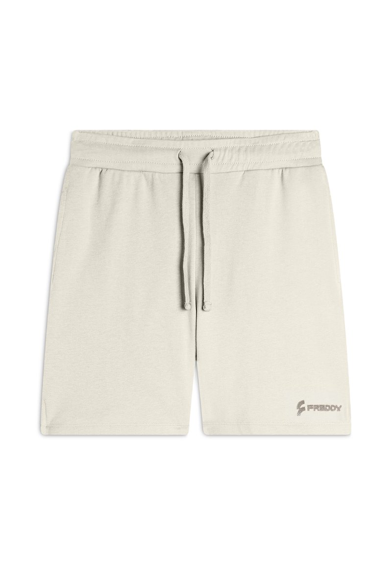 Pantalones cortos de algodón gris claro con cintura elástica, cordón y un pequeño logo en la parte inferior derecha. Textura suave y ajuste relajado.