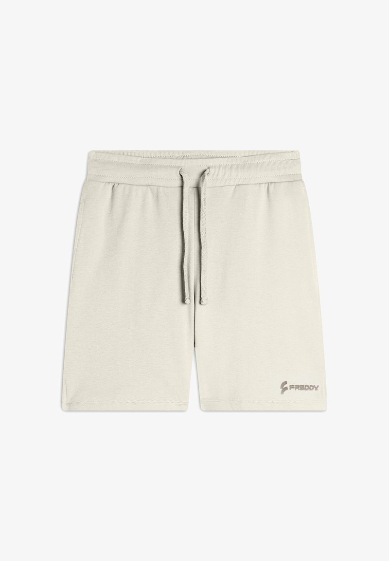 Pantalones cortos de algodón gris claro con cintura elástica, cordón y un pequeño logo en la parte inferior derecha. Textura suave y ajuste relajado.