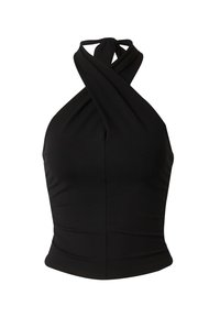 Zwarte haltertop gemaakt van rekbare stof, met een gedraaide halslijn en een aansluitende silhoutte, voorzien van een gladde textuur.