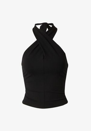 Zwarte haltertop gemaakt van rekbare stof, met een gedraaide halslijn en een aansluitende silhoutte, voorzien van een gladde textuur.