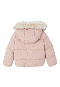 Gepolsterte rosa Jacke mit Kapuze mit Kunstfellbesatz, floralen Muster und steppdesign. Verfügt über elastische Bündchen und Saum für eine eng anliegende Passform.