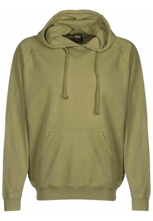 Grønn hettegenser med snor, kengurulomme og ribbestrikkede mansjetter. Mykt stoff med et enkelt, uformelt design.