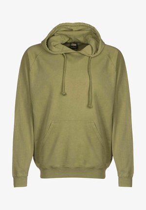 Hanorac verde cu glugă, cu șnururi, buzunar tip kangur și manșete cu nervuri. Material moale cu un design simplu și casual.